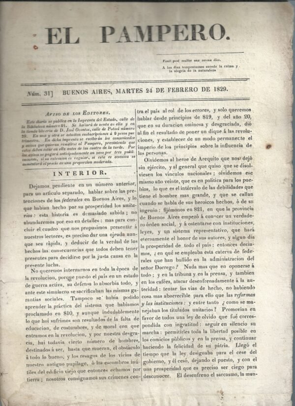 DIARIO EL PAMPERO 24/2/1829 UNITARIOS Y FEDERALES