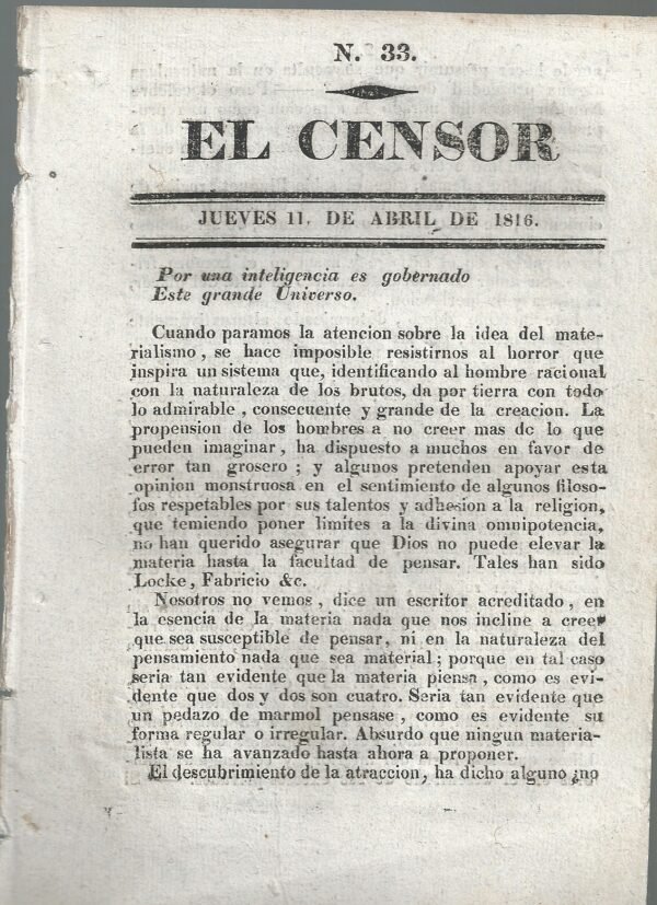 DIARIO EL CENSOR 11/4/1816 DIARIO MUY INTELECTUAL Y RARO .