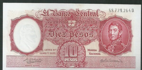 ARGENTINA 10 PESOS MONEDA NACIONAL BOT 1957 AU