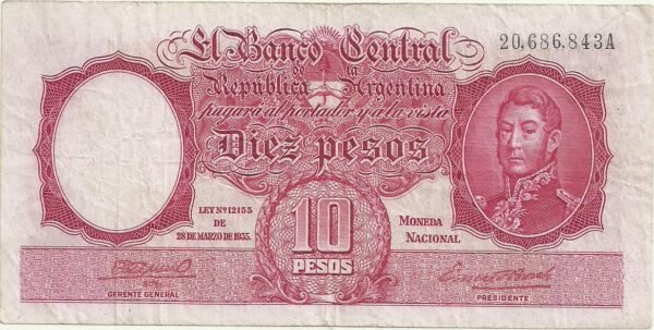 ARGENTINA 10 PESOS MONEDA NACIONAL BOT 1929 VF