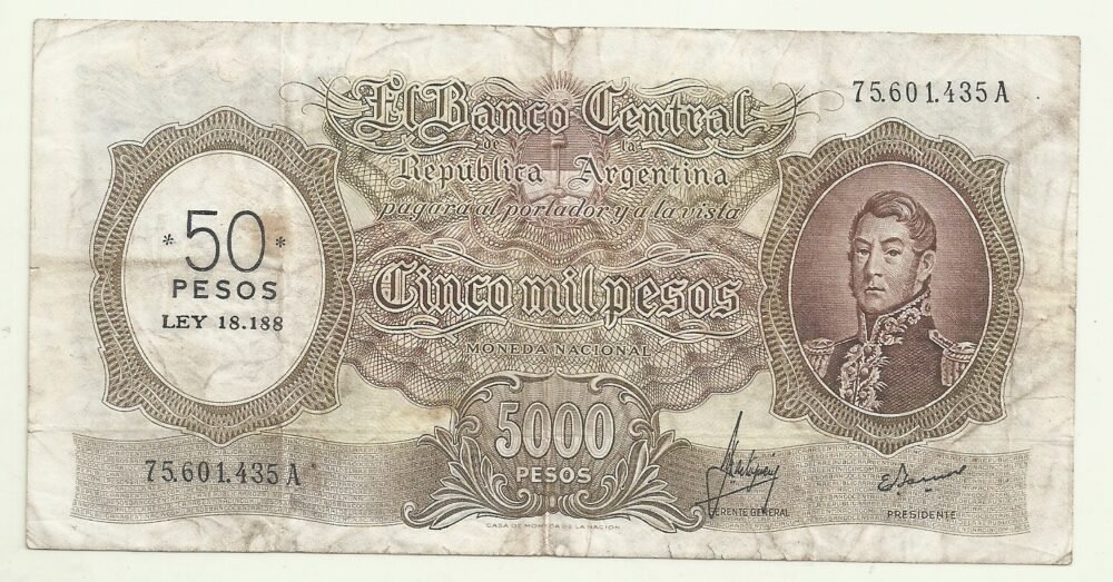 ARGENTINA 5000 PESOS MN RESELLADO 50 PESOS BOT 2217 VF