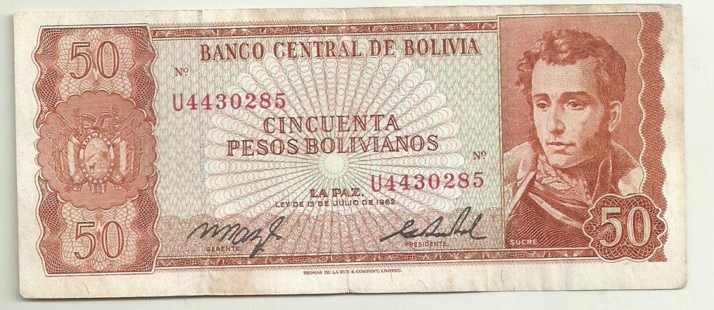 BOLIVIA 50 PESOS 1962 SERIE U PICK 162 VF