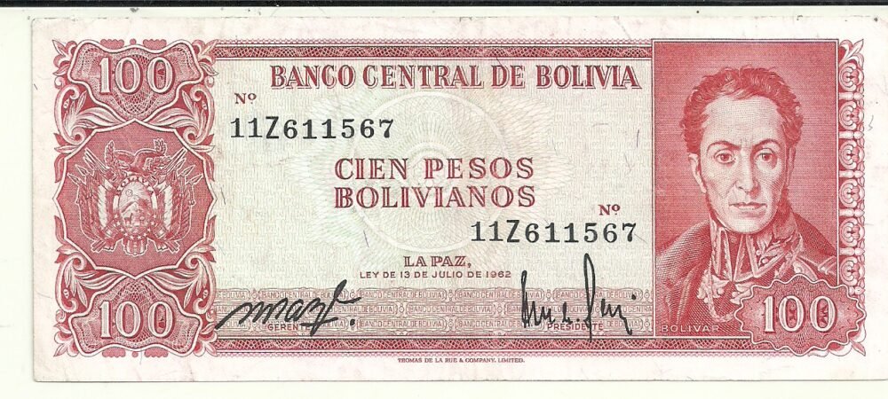 BOLIVIA 100 PESOS 1962 SERIE 11Z PICK 163 XF-