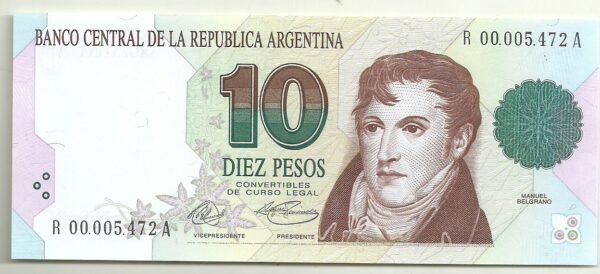 ARGENTINA 10 PESOS CONVERTIBLE PRIMER DISEÑO REPOSICION BOT 3041 UNC