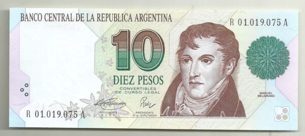 ARGENTINA 10 PESOS CONVERTIBLE PRIMER DISEÑO REPOSICION BOT 3047 UNC