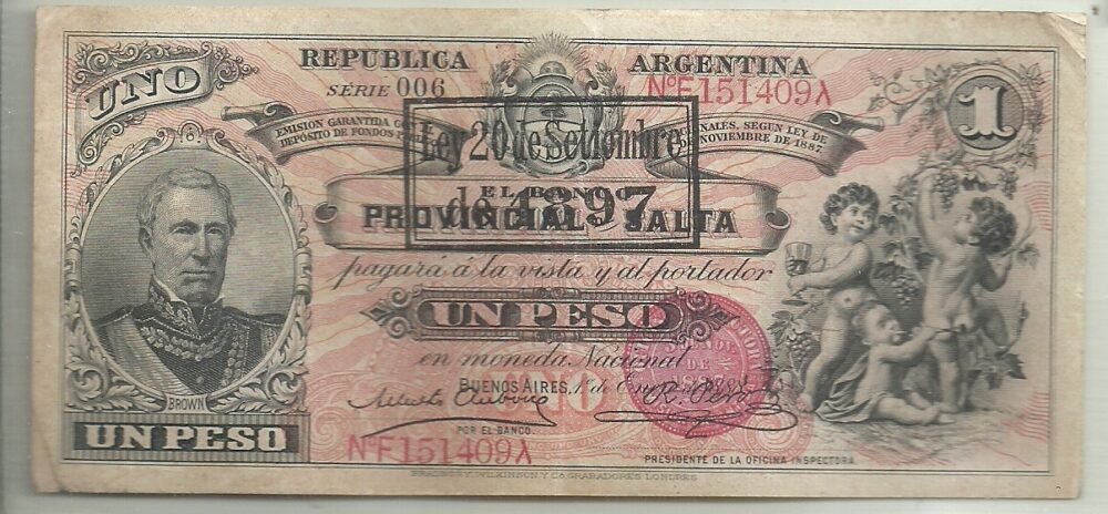 ARGENTINA 1 PESO RESELLO 1897 SALTA GARANTIDO COL 077a