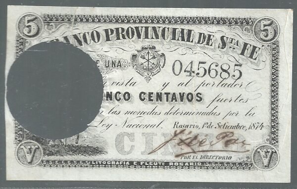 ARGENTINA BANCO SANTA FE 5 CENTAVOS 1874 BA 200b