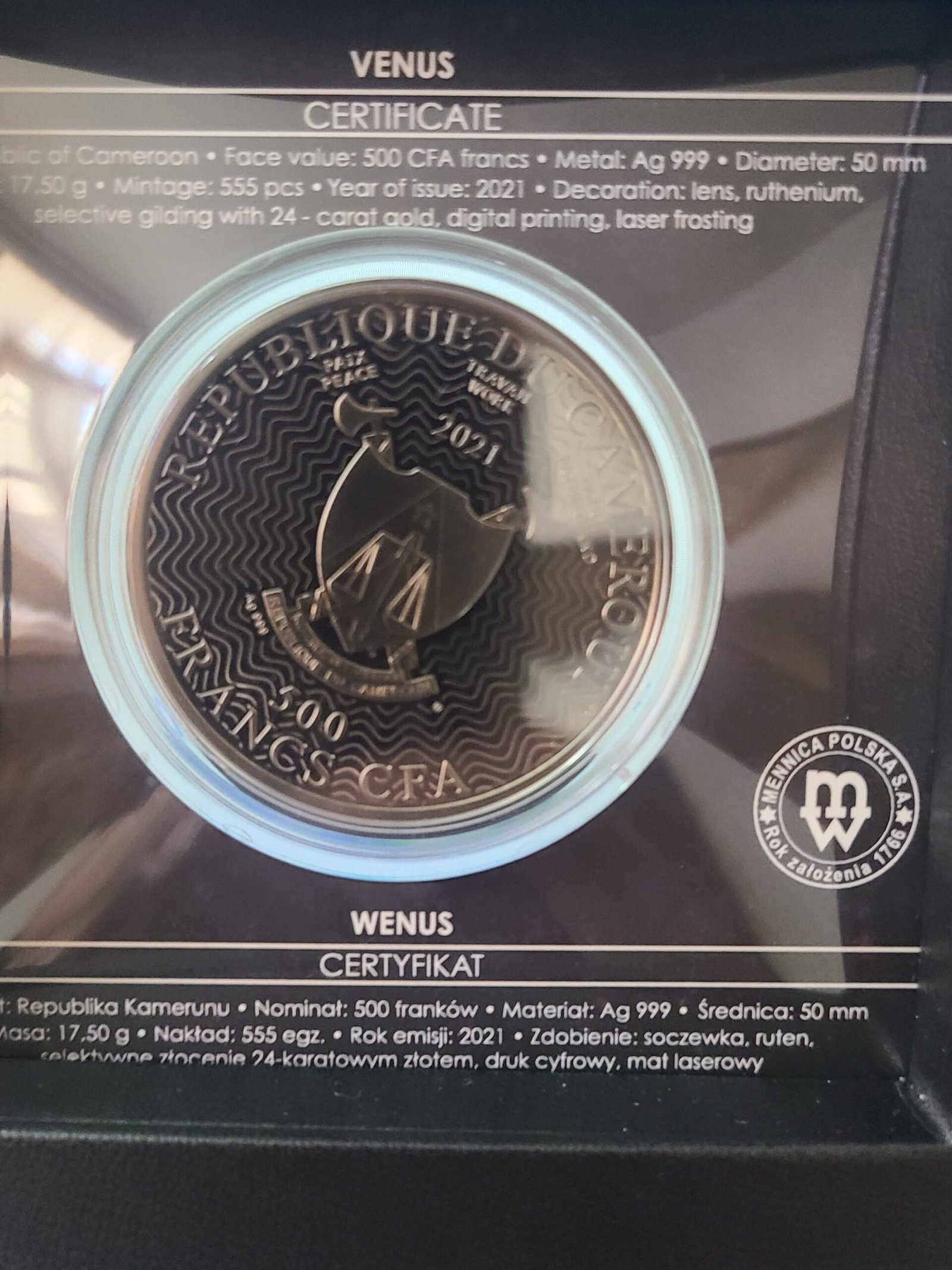 REPUBLICA CAMERUN 500 FRANCS 2021 VENUS PROOF PLATA Y CARAT GOLD - Imagen 2