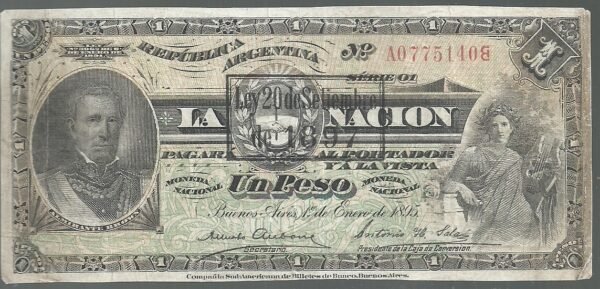 ARGENTINA 1 PESO RESELLO 1897 LA NACION CAJA CONVERSION BOT 1301