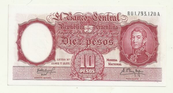 ARGENTINA MONEDA NACIONAL REPOSICION 10 PESOS BOT 1973a XF+