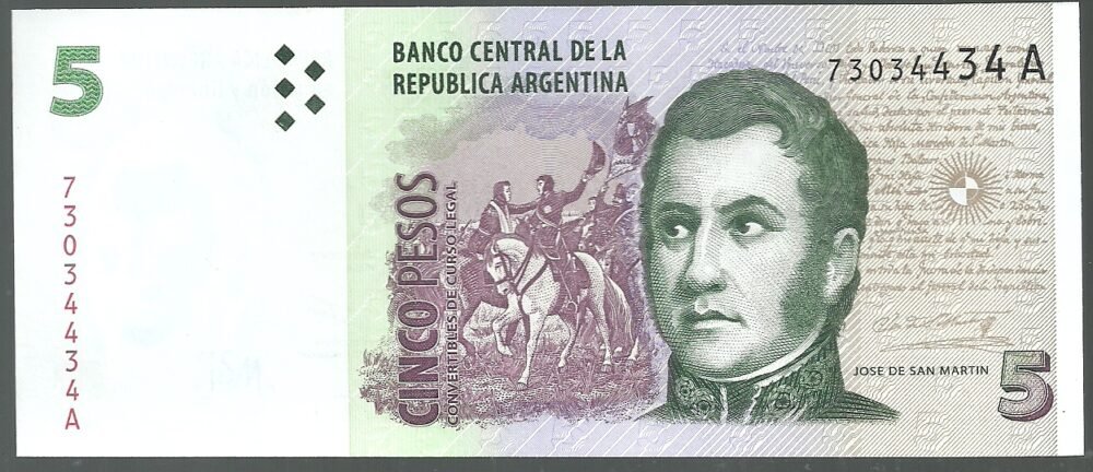 ARGENTINA 5 PESOS BOT 3302 UNC SERIE A