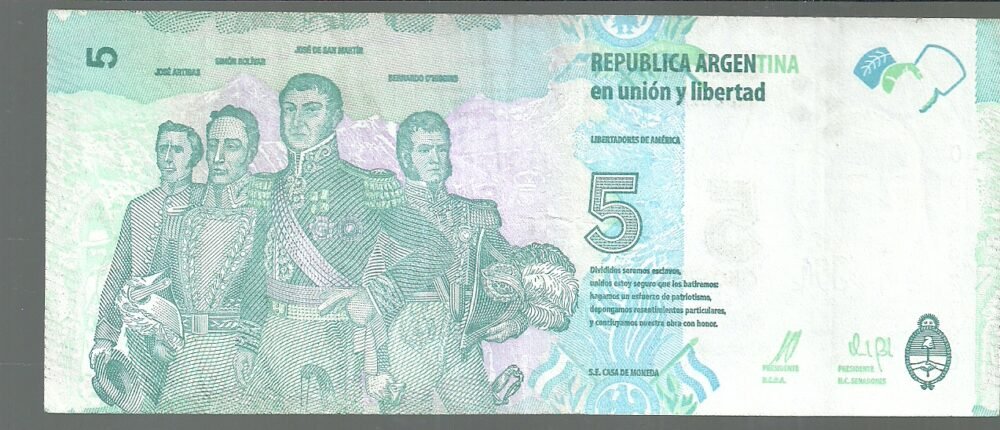ARGENTINA 5 PESOS PATRIA BOT 3903 VF+ - Imagen 2