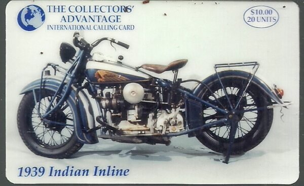 $10. (20u) Indian Motorcycle: 1939 Indian Inline (Tipo 1) Tarjeta de teléfono usada