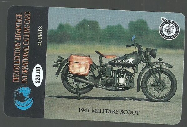 $20. (40u) Indian Motorcycle: 1941 MILITARY SCOUT (Tipo 1) Tarjeta de teléfono usada