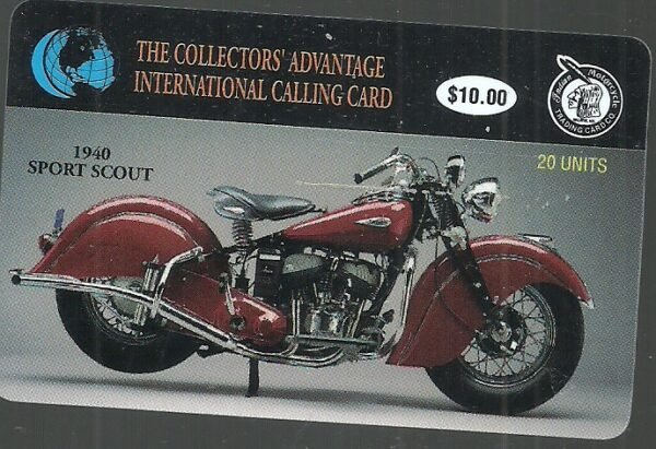 $10. (20u) Indian Motorcycle: 1940 SPORT SCOUT (Tipo 1) Tarjeta de teléfono usada