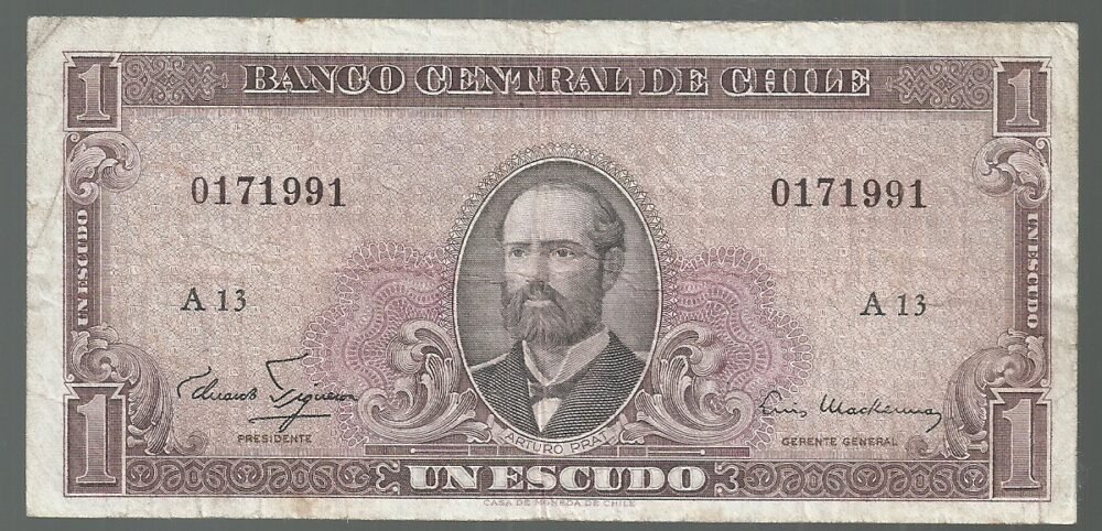 CHILE 1 ESCUDO ND P 135a FILIGRANA 1000 SERIE A13 VF