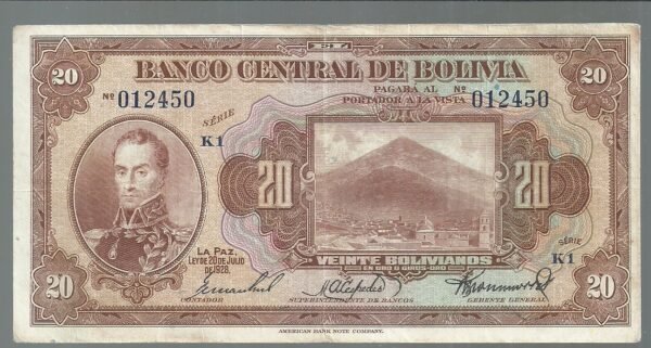 BOLIVIA 20 BOLIVIANO 1928 SERIE K1 PICK 131 VF+