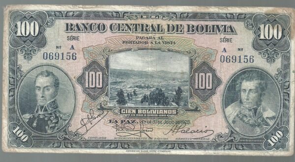 BOLIVIA 100 BOLIVIANO 1928 SERIE A PICK 125 VF