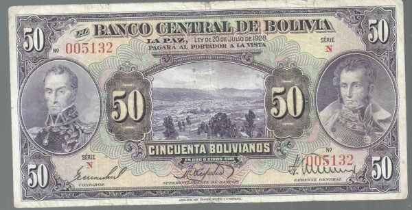 BOLIVIA 50 BOLIVIANO 1928 SERIE N PICK 124 VF