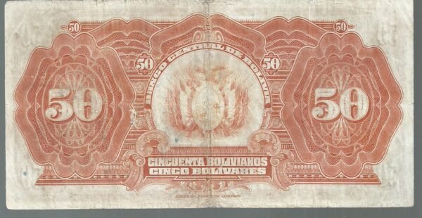 BOLIVIA 50 BOLIVIANO 1928 SERIE N PICK 124 VF - Imagen 2