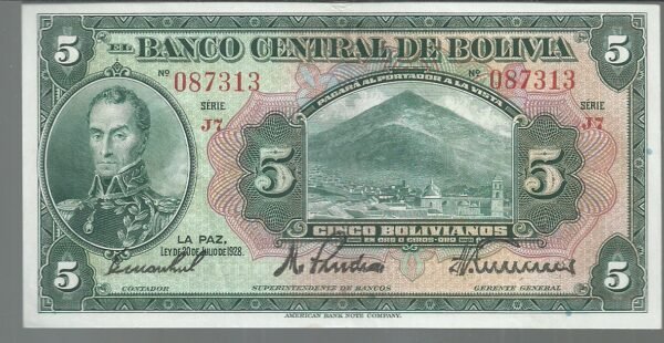 BOLIVIA 5 BOLIVIANO 1928 SERIE J7 PICK 120 XF++