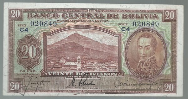 BOLIVIA 20 BOLIVIANO 1931 SERIE C4 PICK 131 XF++