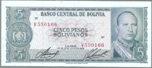 BOLIVIA 5 BOLIVIANO 1962 SERIE V PICK 153 UNC