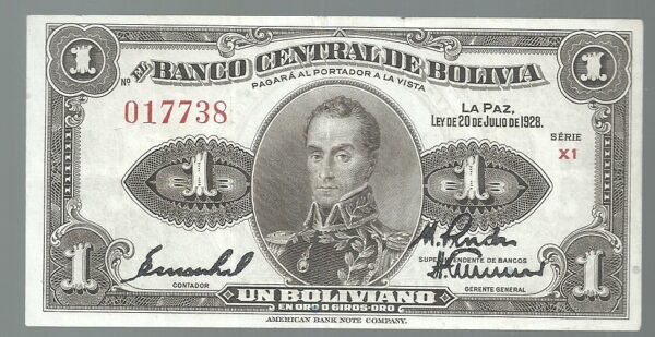 BOLIVIA 1 BOLIVIANO 1928 SERIE X1 PICK 119a XF+