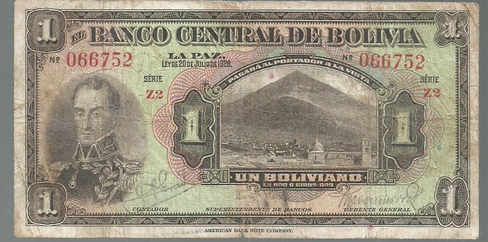BOLIVIA 1 BOLIVIANO 1928 SERIE Z2 PICK 118 VF