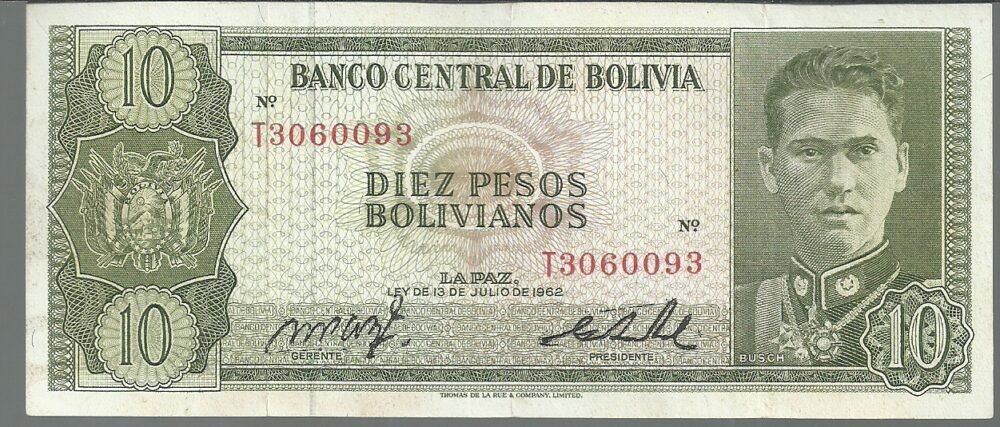 BOLIVIA 10 BOLIVIANO 1962 SERIE T PICK 154 XF
