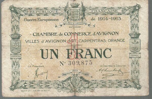 FRANCIA D'AVIGNON 1 FRANCO 1914-15 CÁMARA DE COMERCIO