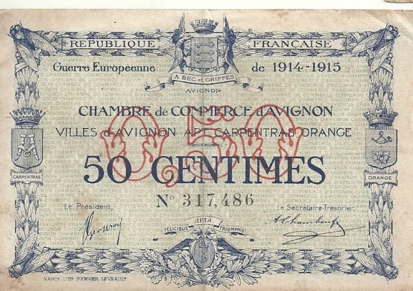 FRANCIA D'AVIGNON 50 CENTIMOS 1914-15 CÁMARA DE COMERCIO