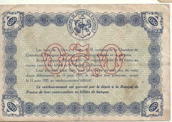 FRANCIA D'AVIGNON 50 CENTIMOS 1914-15 CÁMARA DE COMERCIO - Imagen 2