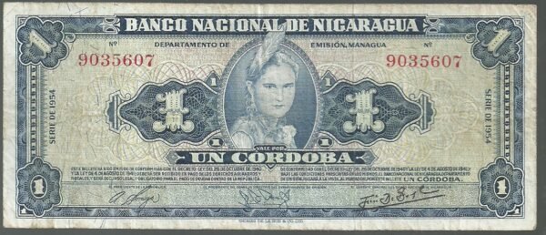 NICARAGUA 1 CORDOBAS 1954 PICK 99a  VF