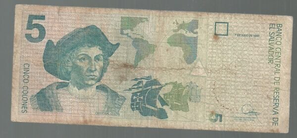 EL SALVADOR 5 COLONES 18/4/1997 P 147a SERIE G VF-
