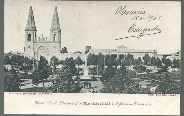 POSTAL OLAVARRIA  PLAZA CORONEL OLAVARRIA MUNICIPALIDAD E IGLESIA 1905