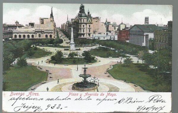 POSTAL BUENOS AIRES PLAZA Y AVENIDA DE MAYO 1907