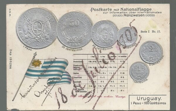 POSTAL ALEMANA DE URUGUAY Y SUS MONEDAS 1905