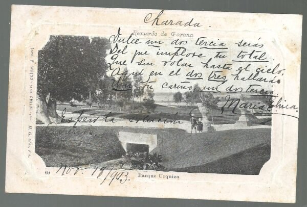 POSTAL RECUERDO DE PARANA  PARQUE URQUIZA 1903