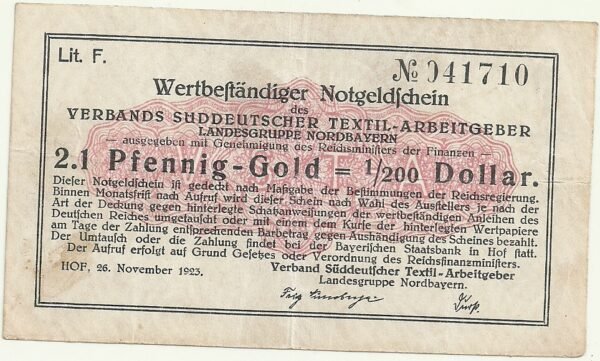 ALEMANIA TEXTIL ARBEITGEBER 2.1 PFENNIG GOLD 1/200 DOLAR 1923