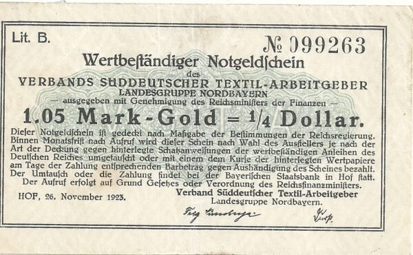 ALEMANIA TEXTIL ARBEITGEBER 1.05 MARK GOLD 1/4 DOLAR 1923
