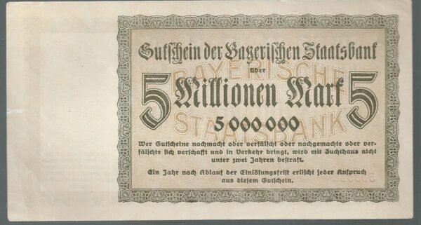 ALEMANIA MUNICH BAYERISCHE BAKNOTE 5 MILLONES MARK 1923 P S932 - Imagen 2