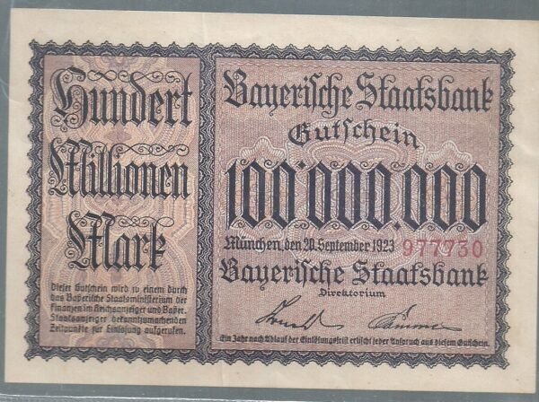 ALEMANIA MUNICH BAYERISCHE BAKNOTE 100 MILLONES MARK 1923