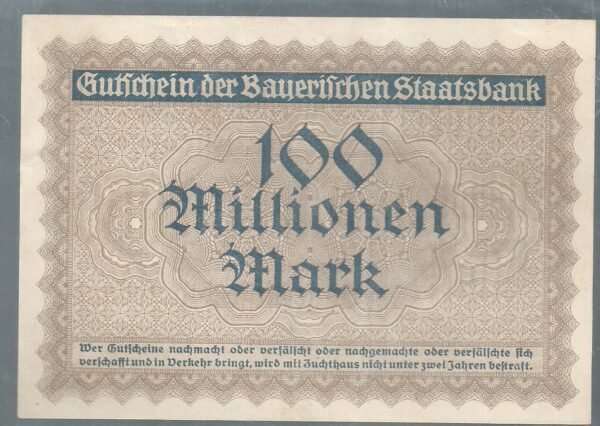 ALEMANIA MUNICH BAYERISCHE BAKNOTE 100 MILLONES MARK 1923 - Imagen 2