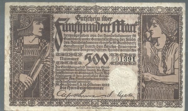 ALEMANIA 500 MARK INFLACION MUNICH  GLADBACH 1922
