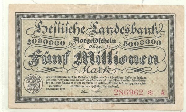ALEMANIA DARMSTADT HESSISCHE LANDESBANK 5 MILLONES MARK 1923