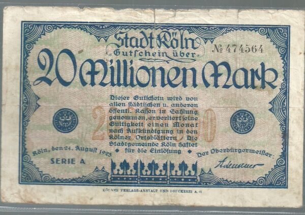 ALEMANIA KOLN 20 MILLONES MARK 1923