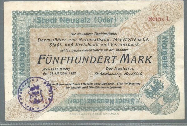 ALEMANIA 20 MARK GROSSNOTGEL NEUZALZ 1922