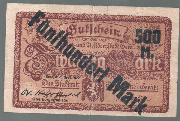 ALEMANIA 500 MARK GROSSNOTGEL GERA 1922