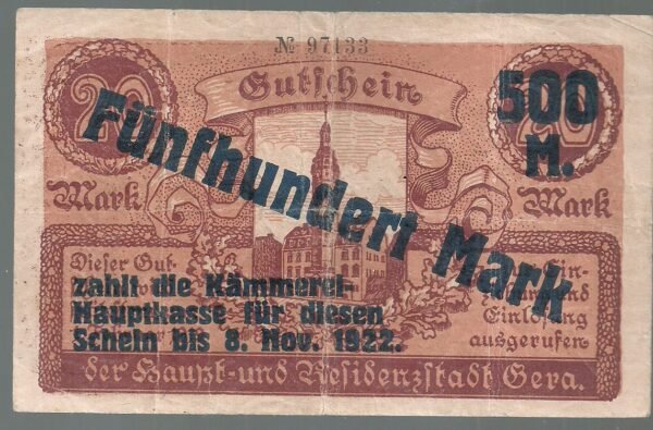 ALEMANIA 500 MARK GROSSNOTGEL GERA 1922 - Imagen 2